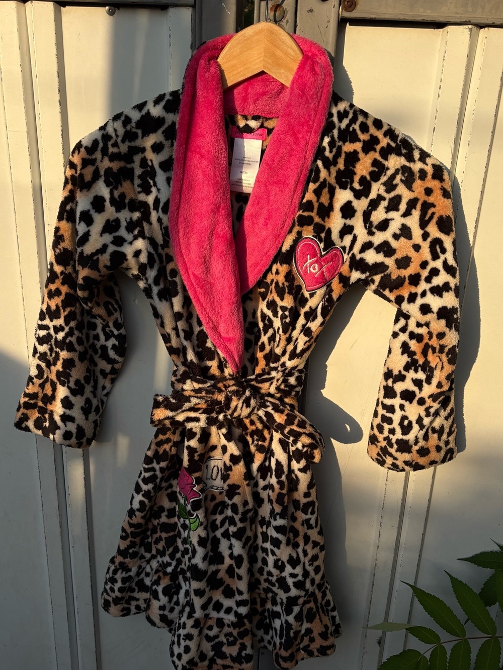 Betsey Johnson Leopard Print Kids Robe with Hot Pink Collar